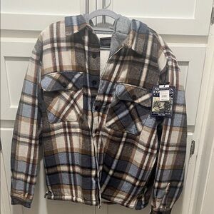 Men's Plaid Jean Jacket - Blue, Brown, and White